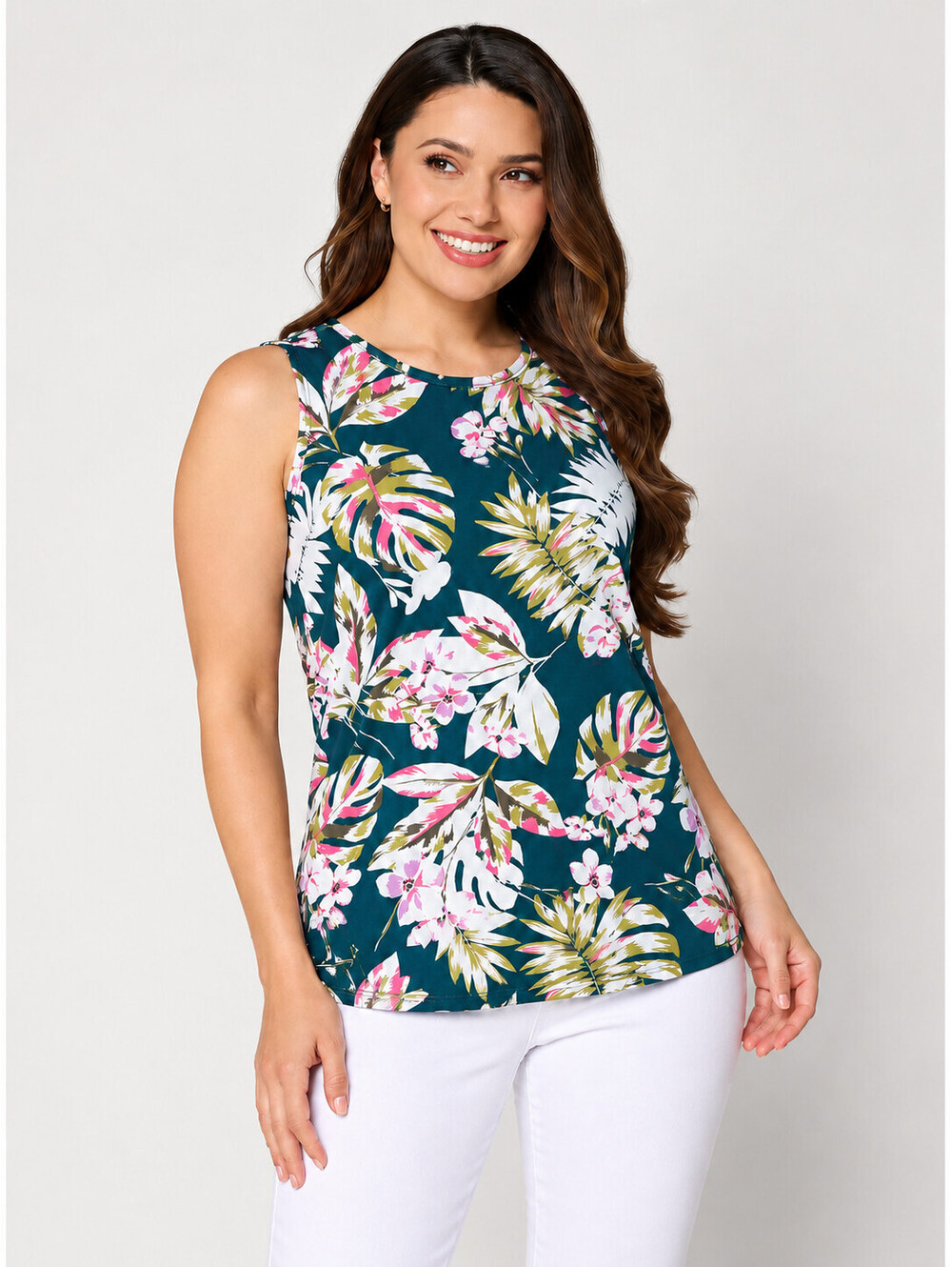 Denim & Co. Beach Jersey Round Neck Tank with Button Back Teal Palm, Size 1X